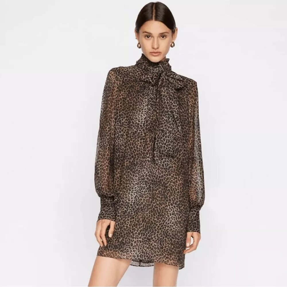 NWOT Frame Silk Bow Tie Neck Animal Print Puff sleeve mock neck Dress